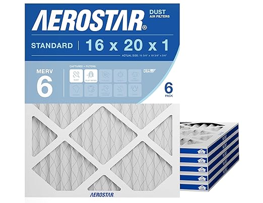 Aerostar 16x20x1 MERV 6 Air Filter, 6 Count, ACTUAL SIZE (15.50 x 19.50 x 0.75 ), HVAC, Air Conditioning & Furnace Filter for Dust, Lint & Pollen Control (MPR 300 / FPR 3), Made in USA