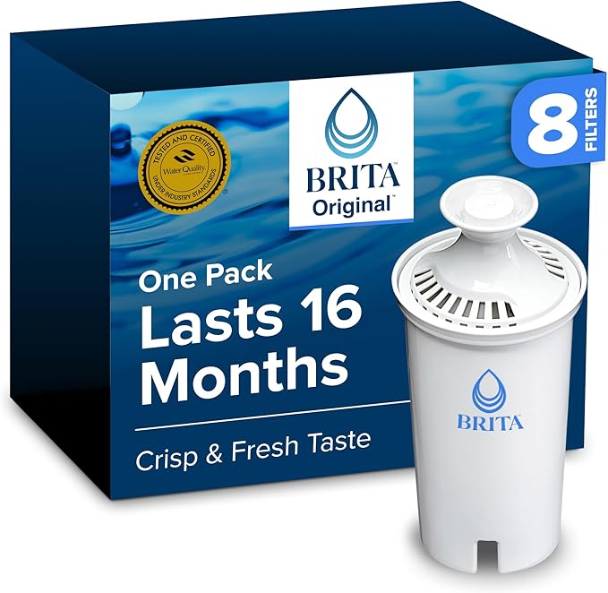 Brita Standard Water Filter for Pitchers and Dispensers, BPA-Free, Reduces Copper, Cadmium and Mercury Impurities, Lasts Two Months or 40 Gallons, Includes 8 Filters