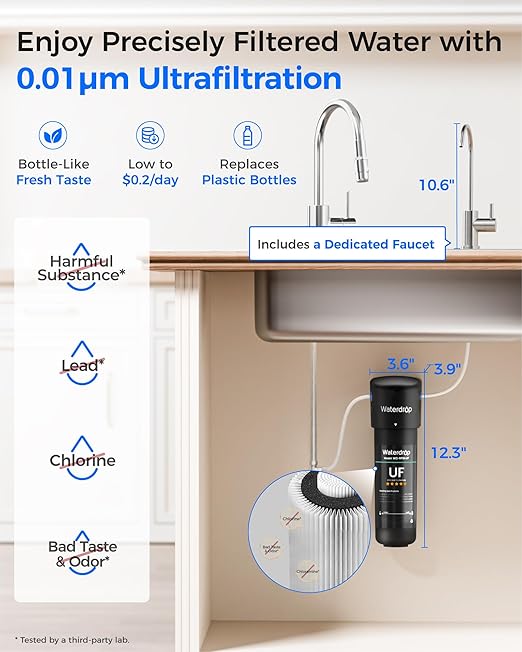 Waterdrop 10UB-UF 0.01 μm Ultra Filtration Under Sink Water Filter System, Reduces Lead, Chlorine, Bad Taste & Odor, 1 Year, with Dedicated Brushed Nickel Faucet, USA Tech