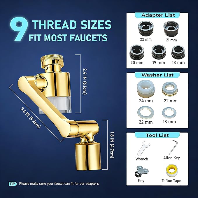 ATQ Sink Faucet Extender Aerator Reduce 99% Lead, Chlorine, 1080° Rotating 2 Modes Spray Attachment for kitchen/Bathroom/Toddlers, 9pcs Filter (Aerator1080 - Bright Gold)