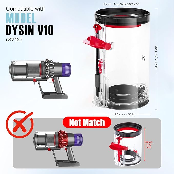 QINAN Upgraded Canister Replacement Parts Compatible With Dyson Cyclone V10 Animal,V10 Total Clean,V10 Absolute,V10 Animal,SV12 Vacuum Dust Bucket HEPA Filter attachments 969509-01, Blue/Grey