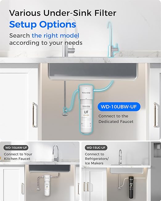 Waterdrop 10UBW-UF 0.01 μm Ultra Filtration Under Sink Water Filter System, Reduces Lead, Chlorine, Bad Taste & Odor, 1 Year, with Dedicated Brushed Nickel Faucet, USA Tech