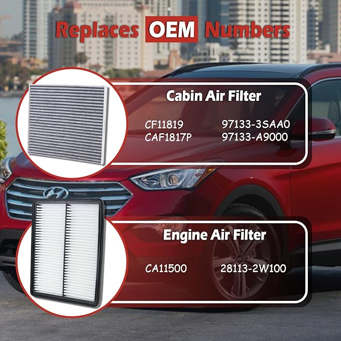 28113-2W100 Engine Air Filter and 97133-3SAA0 Cabin Air Filter kit Compatible with 2013-2016 Hyundai Santa Fe Sport 2013-2018 Santa Fe 2013-2019 Santa Fe XL Replaces CA11500 CF11819