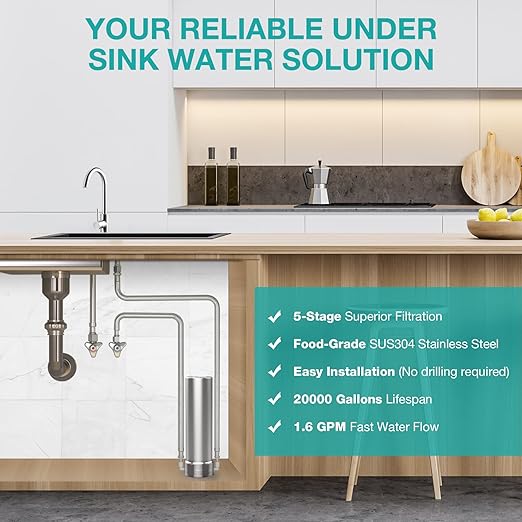 SimPure V7 Under Sink Water Filter System, 20000 Gallons, Reduces 99% Lead, Chlorine, Bad Taste, 5-Stage Stainless Steel Water Filtration System Direct Connect to Kitchen Faucet, No Drilling Required