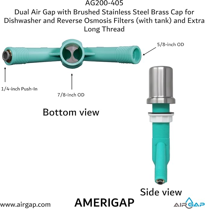 Dual Air Gap with Brushed Stainless Steel Brass Cap for Dishwasher and Reverse Osmosis Filters (with tank) and Extra Long Thread (AG200-405, AG200-X05, AMERIGAP)