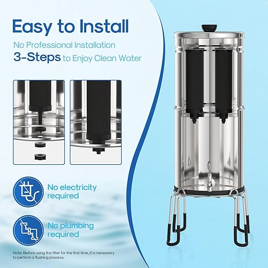 ICEPURE 3-Stage Gravity Water Filter System with Water Level Window, 304 Stainless Steel Countertop Gravity fed Water Filtration System with 2 Filters and Stand, Reduce 99% Chlorine, 3G High Capacity