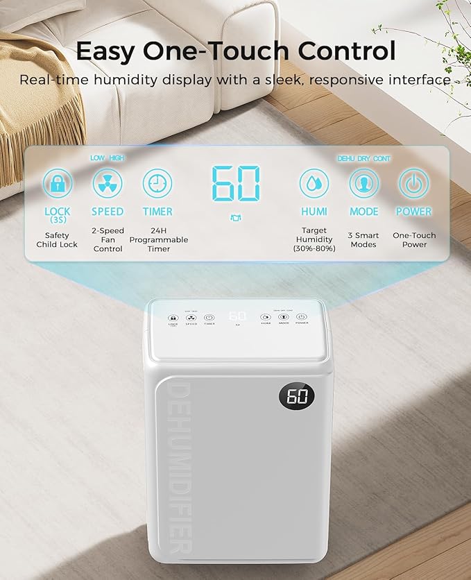 32 Pint Dehumidifier for Basement, 2500 sq.ft Dehumidifiers for Home with Drain Hose, 3 Modes, Auto Defrost, 24H Timer, Quiet Smart Humidity Control for Large Room, Bedroom, Bathroom, RV