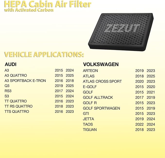Cabin Air Filter CF11643 Fits VW 2018-2024 Atlas, 2015-2023 GTI, 2018-2024 Tiguan, 2019-2024 Jetta, 2015-2021 Golf, AUDI A3 Q3 Taos RS3 S3 TT RS, Scented Type