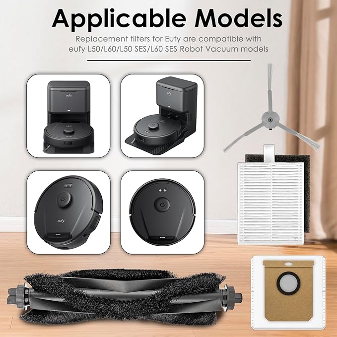 (7 Pieces) Replacement Parts Compatible with eufy L60, L60 Hybrid, L60 SES, L50 SES, L50 Series Robot Vacuum, Accessories Kit, 1 Roller Brush, 2 HEPA & Foam Filters, 2 Side Brushes, 2 Dust Bags
