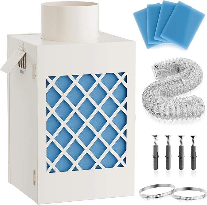 Indoor Dryer Vent Kit, HG Power Metal Dryer Vent Box, Safety Vent Flap, Dryer Lint Trap, Indoor Dryer Vent for Electric Dryer, Space Saver Dryer Vent Kit with Polyester Filters, Dryer Vent Hose