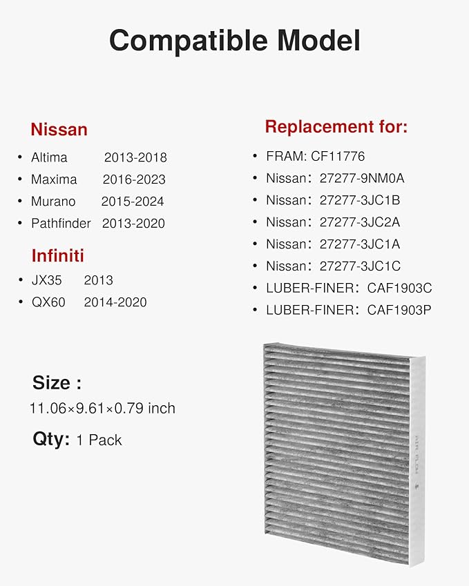 Puroma Cabin Air Filter with Activated Carbon, Replacement for CF11776, Compatible with Infiniti JX35, QX60 and Altima, Maxima, Murano, Pathfinder