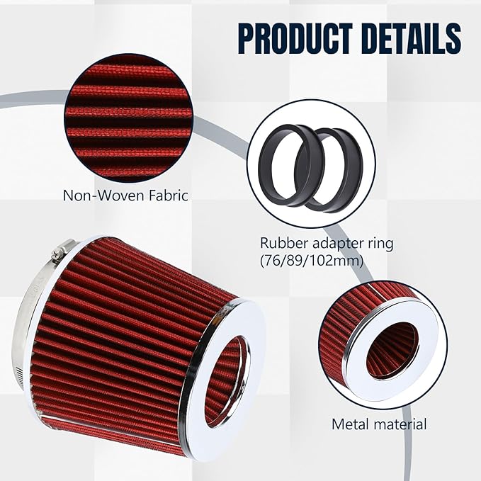 Hovom Universal Clamp-On Air Intake Filter, 76 89 102MM (3/3.5/4in) High Flow Round Tapered Cold Air Intake Filter, High Performance, Washable & Reusable, Engine Filters Replacement (Red)