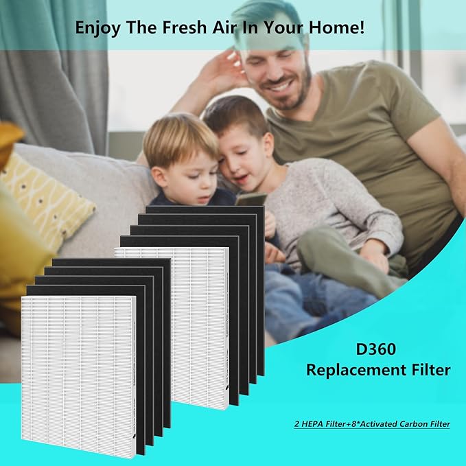 D360 True HEPA Replacement Filter, Compatible with Winix D360 Air Purifier, Part Number 1712-0101-02, True HEPA Filt-er (8 Pack Activated Carbon Filters + 2 Pack HEPA)