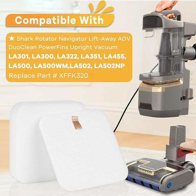 4Pack LA502 LA702 LA802 Foam & Felt Filter Replacement for Shark Rotator Lift-Away ADV DuoClean Upright Vacuum LA300 LA301 LA322 LA500WM LA360 LA362, Replaces Part # XFFK320