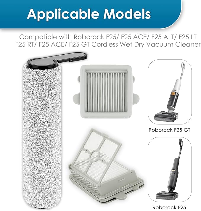 (2 Pack) F25 Replacement Brush Roller and HEPA Filter for Roborock F25/ F25 LT/ F25 RT/ F25 ACE/ F25 ALT/ F25 ACE Combo/ F25 Combo/GT Wet Dry Vacuum Cleaner, 1 Brush Roller, 1 HEPA Filter