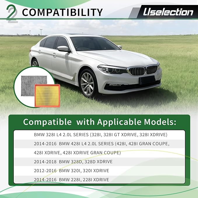 Cabin & Engine Air Filter W/Activated Carbon Set for(2012-2018) BMW 328I, 328I XDRIVE, 428I, 428I GRAN COUPE, 328D, 228I, 320I, 2.0L SERIES Select Models #13718507320 64119237555 (2.0L Engine ONLY)