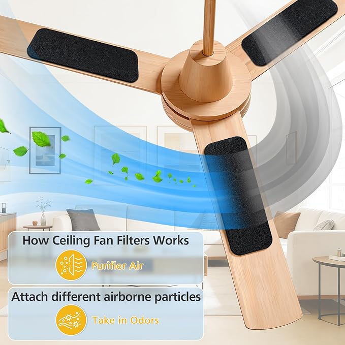 20 Pack Ceiling Fan Filters for Blades, Activated Coconut Shell Carbon Fan Blade Air Filters for Dust, Odors & Pet Dander, Easy Stick Universal Fit Ceiling Fan Air Purifier Pads, Unscented
