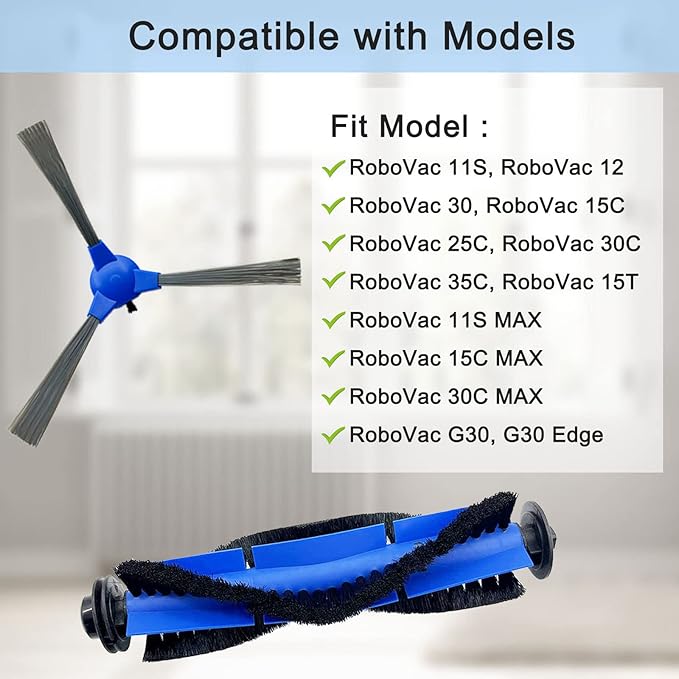 10 Pack Replacement Parts - 2 Rolling Brushes, 8 Side Brushes for Eufy RoboVac 11S, 30C, G30, 30, 15T, 15C, 12, 35C, 11S MAX, G30 Edge Robotic Vacuums