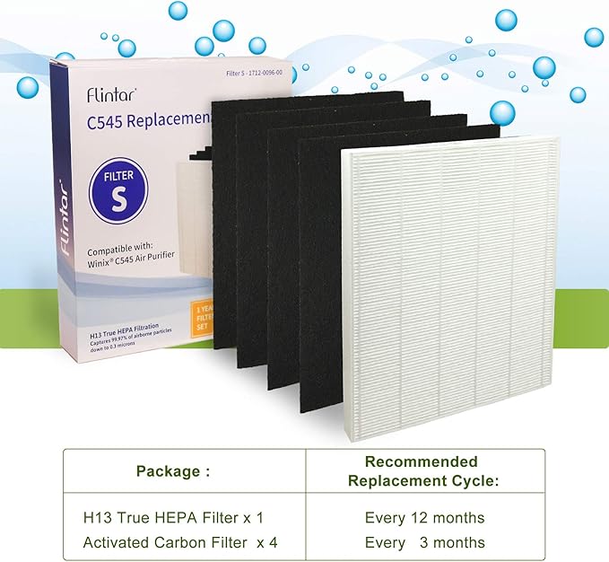 Flintar C545 Replacement Filter S, Made in TAIWAN, Compatible with Winix C545 Air Purifier, Compares to Winix S Filter 1712-0096-00, H13 Grade Air Filter + (4) Activated Carbon Filters