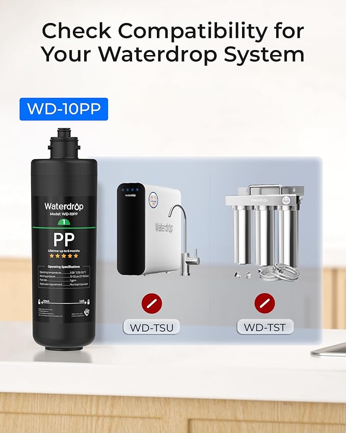 Waterdrop WD-10PP Under Sink Water Filter, Replacement for Waterdrop TSA & TSB &TSB-CM 3-stage Under Sink Water Filter System