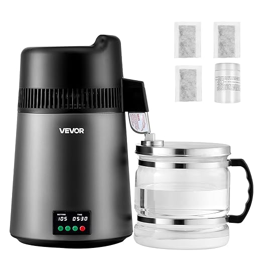 VEVOR Water Distiller, 6L/1.6 Gallon Larger Pure Water Purifier Filter for Home Table Countertop, 900W Glass Pot Distilled Maker, Stainless Steel Interior Drinking Machine to Make Clean Water