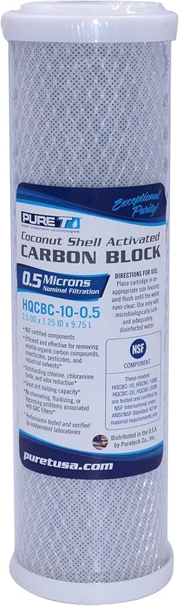 PureT HQCBC-10-0.5, 10x 2.5" Coconut Carbon Block Filter - NSF Certified - Cononut Shell Activated Carbon removes Chlorine, Dirt and More (.5 u Micron Rated)