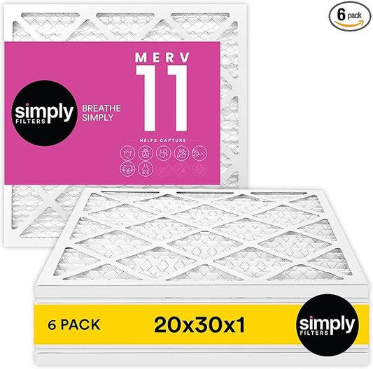 Simply 20x30x1 Air Filter, Merv 11, 6 Pack, For Home AC Furnace & HVAC (Actual Size: 19.94"x29.94"x0.75") DUST, Pet, & Allergy Control