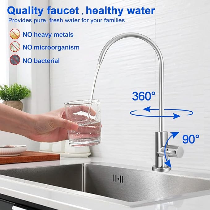 Drinking Water Faucet - Long Thread Stem Filtered Water Tap for Thick Countertop,Lead-Free RO Faucet with Hose and Push Connect Fittings(Brushed Stainless-Flat Top)