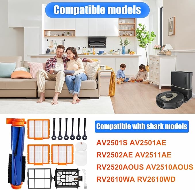 Replacement Parts Accessories Kit for Shark AI AV2511AE AV2501S AV2501AE RV2502AE RV2520AOUS AV2510AOUS Robot Vacuum Cleaner- 1 Main Brush, 4 Filters, 6 Side Brushes, 1 Foam Filter (12 Pack)