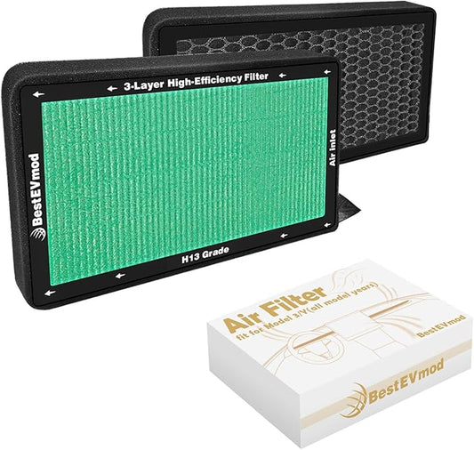 BestEvMod 2 Pack Upgraded Tesla Model 3/Y Cabin Air Filter Replacement HEPA Air Filter with Activated Carbon for 2017-2026 Model 3 & Highland/ 2020-2026 Model Y & Juniper (H13 High Efficiency)