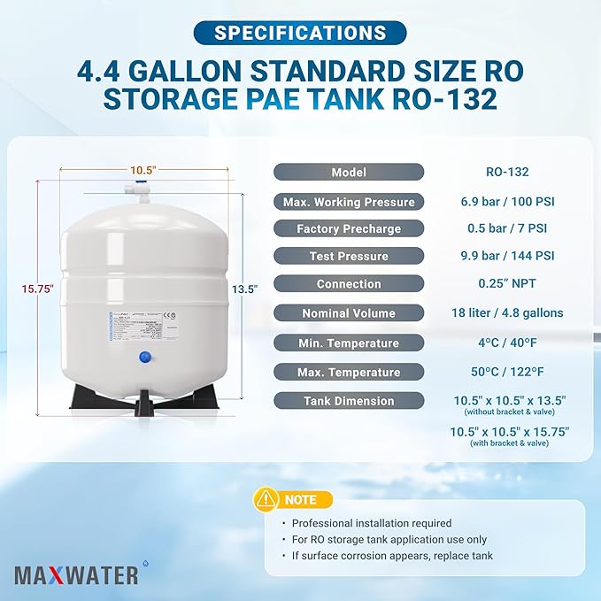 Max Water NSF Certified Heavy Duty 4.4 Gallon @100 PSI RO (Reverse Osmosis) Water Storage Tank, PA-E RO-132 + Valve