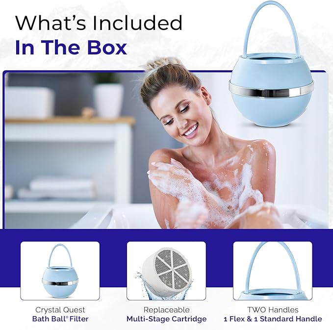 Crystal Quest Premium Bath Ball Water Filter for Bathtub - 3-Stage Filtration, Removes Chlorine, Chloramine & Byproducts, 2,500 Gallons, BPA Free, pH Balanced Water, Fits Most Tubs, Blue