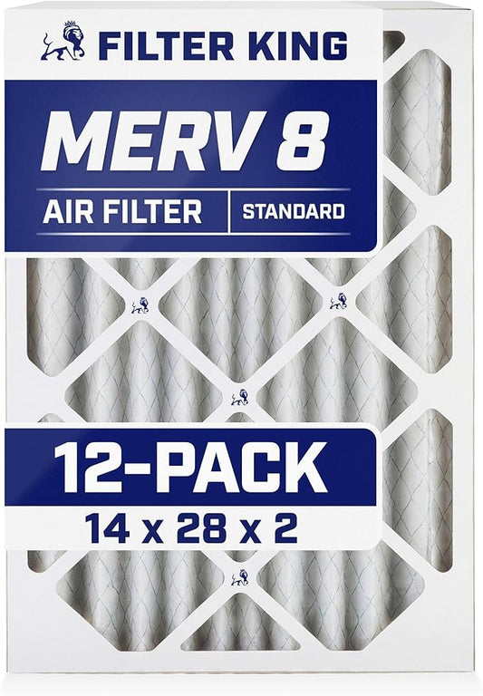 Filter King 14x28x2 Air Filter (MERV 8) (12-Pack) Dust & Allergy Control AC Furnace Filters, MADE IN USA, HVAC, Pleated, Electrostatic (Actual Size: 13.5 x 27.5 x 1.75)