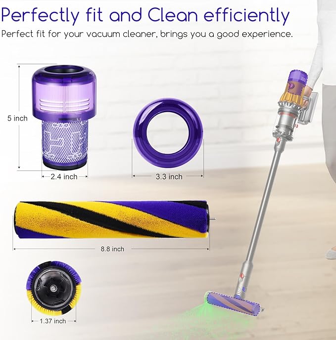 Soft Roller Brush Bar Compatible with Dyson V12 Detect Slim Handheld Vacuum Cleaner, Parts No.971634-01, with 2 Pack V12 HEPA Filters
