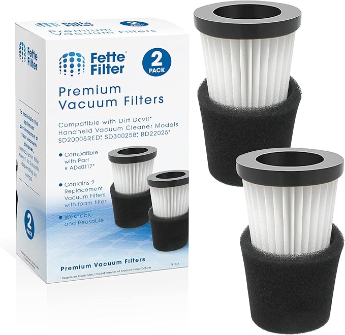 Fette Filter - F117 Replacement Vacuum Cleaner Filter with Compatible with Dirt Devil Handheld Vacuum Cleaner Models SD20005RED, SD30025B, BD22025 Part # AD40117 - Pack of 2