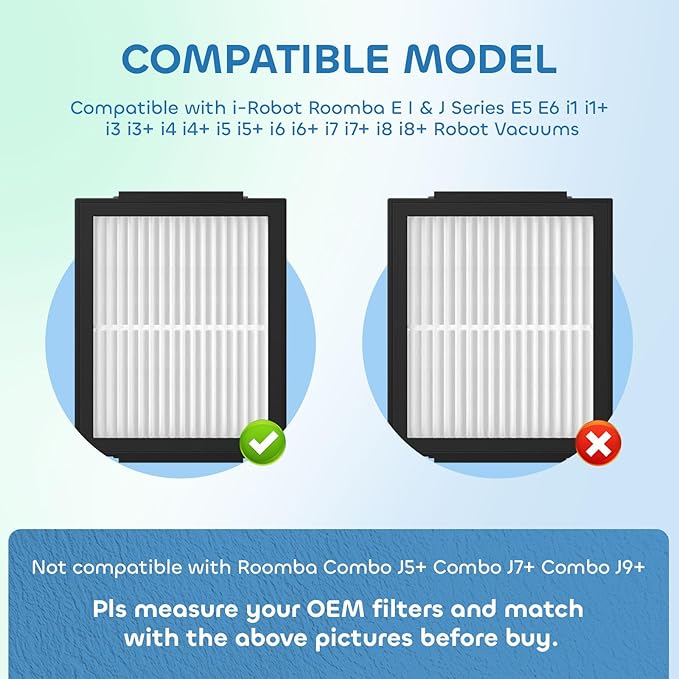 6 Pack Filter Replacements Compatible With i Robot Roomba E I & J Series E5 E6 i1 i1+ i3 i3+ i4 i4+ i5 i5+ i6 i6+ i7 i7+ i8 i8+ NOT for J9, High Efficiency Filter for iRobot Roomba Replacement Parts