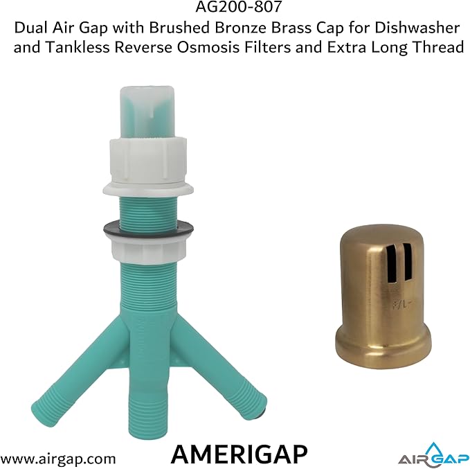 Dual Air Gap with Brushed Bronze Brass Cap for Dishwasher and Tankless Reverse Osmosis Filter and Extra Long Thread (AG200-807, AG200-X07, AMERIGAP)