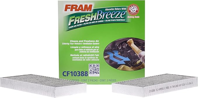 FRAM Fresh Breeze Cabin Air Filter Replacement for Car Passenger Compartment w/ Arm and Hammer Baking Soda, Easy Install, CF10388 for Select Nissan Vehicles , white