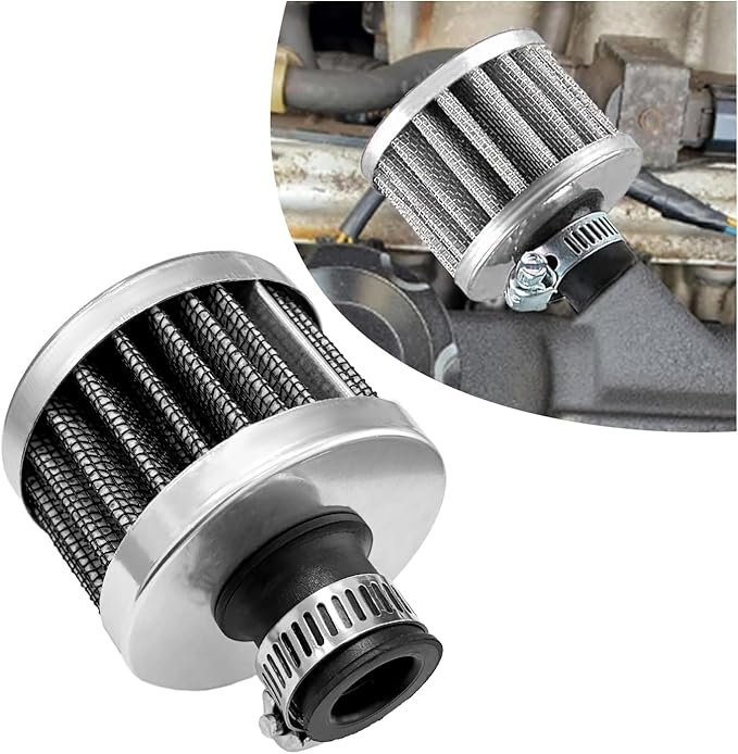 12mm Mini Air Filter, Universal Motor Cold Air Intake Filter Breather, Auto Turbo Vent Intake Filter Cleaner, Crankcase Breather Car Accessories for Motorcycle Engine Parts (Silver)