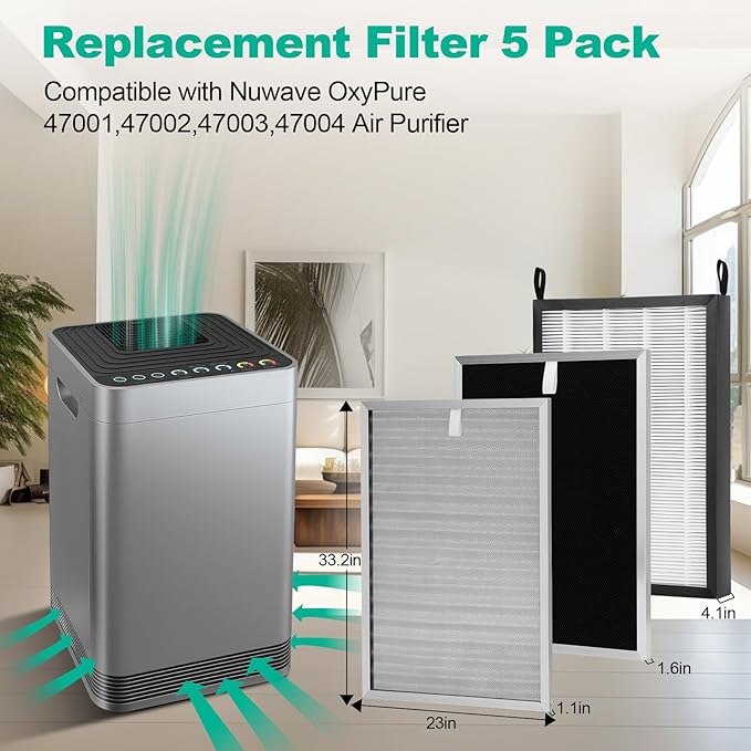 5 Pack Replacement Filter Set Compatible with Nuwave OxyPure 47001,47002,47003,47004 Air Purifier for 1 SS Pre,1 Ozone Removal,3 HEPA/Carbon Filters