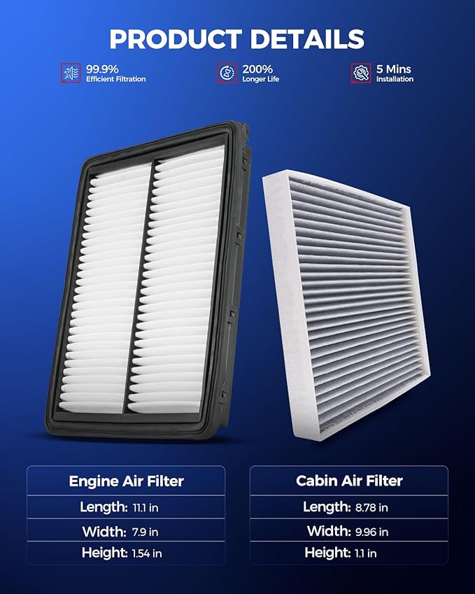 KAX Engine & Cabin Air Filter Kit, Replacement for Kia Optima 2016-2020, Hyundai Sonata 2016-2019, Replace# CA11942 CF12159