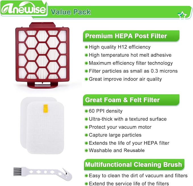 ZU55 Filter Replacement for Shark Navigator Pet Pro Plus ZU102 NV181 NV150 NV151 ZU51 ZU81 Rotator NV255 Zero-M ZU60 ZU62 Upright Vacuum, Part # 1238FT60 & 1239FT60, 2 + 6 Foam &Felt Filters