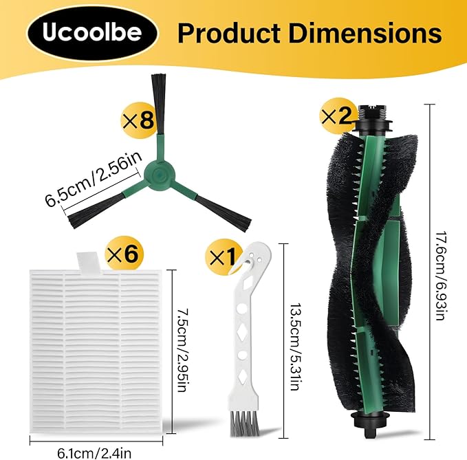 Y0140 Replacement Parts for iRobot Roomba Essential Series 104, 105 Vac/Combo, 205, Y0110 Y0140, Q0120 Q0110 Q0520 Vacuum Cleaner 2 Main Brush Rollers 8 Side Brushes 6 Hepa Filters 1 Brush Tool 17Pack