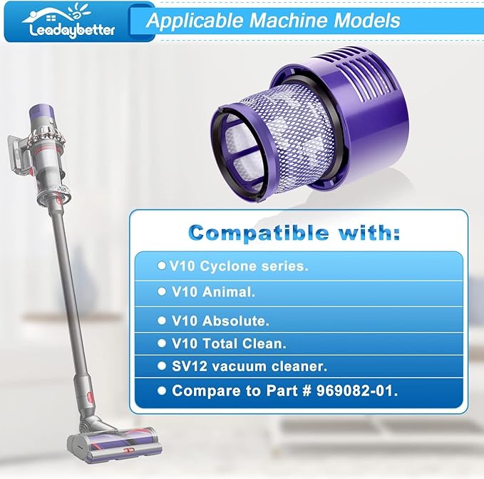 Leadaybetter Vacuum Filter Replacements for Dyson V10 Cyclone Series, V10 Animal, V10 Absolute, V10 Total Clean, SV12, Part No. 969082-01 (1 Pack Filter, 1 Cleaning Brush)