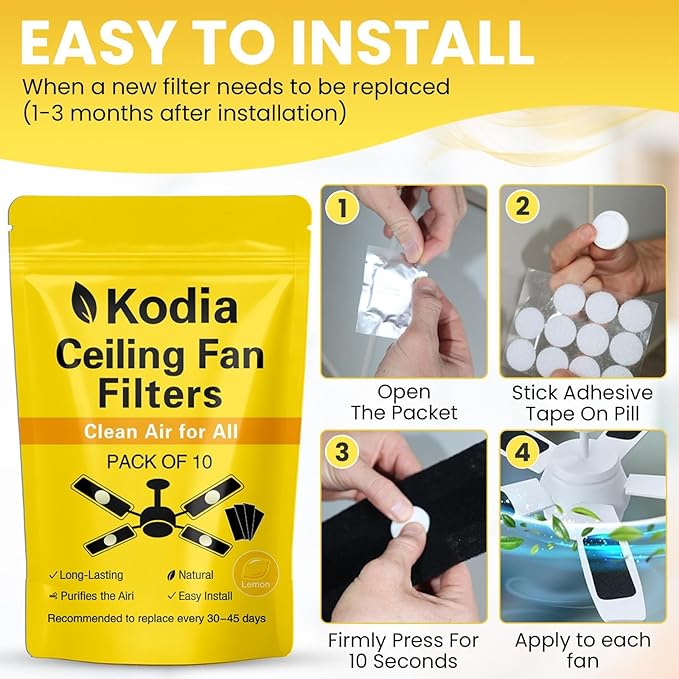 Kodia Ceiling Fan Filters for Blades – Activated Carbon Air Purifier Pads for Dust & Odor Control – Universal Fit Fan Filters with Lemon Scent – 10 Pack + 10 Deodorizing Tablets