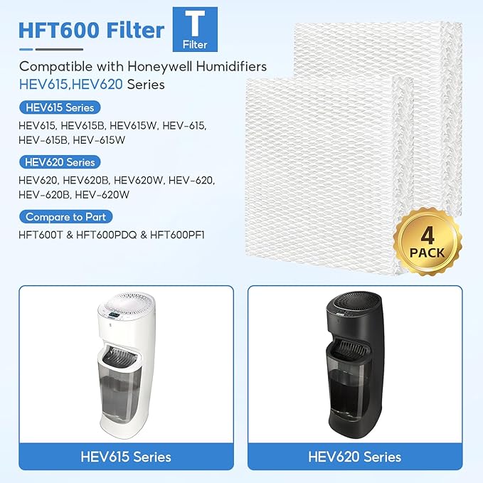 4-Pack HFT600 Humidifier Replacement Wicking Filter T for Honeywell Hev615 Hev620 Humidifier, Compatible with Honeywell HFT600 Humidifier Filter T, Replace Part# HFT600T HFT600PDQ