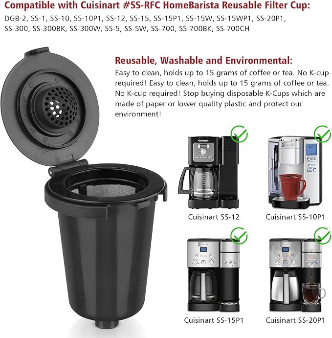 Newly upgraded Reusable Filter Cup for Cuisinart, Compatible with Cuisinart #SS-RFC HomeBarista Reusable Filter Cup, Black (2 Pack)