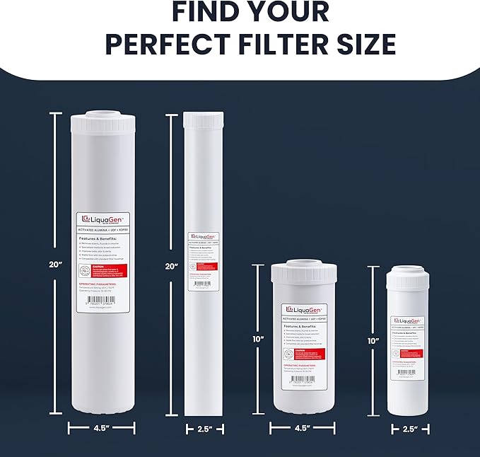 LiquaGen Activated Alumina + Carbon + KDF-55 Replacement Water Filter Cartridge – Helps Manage Fluoride, Chlorine & Taste, Refillable 2.5" x 10", 2.5" x 20", 4.5" x 10", 4.5" x 20" (1, 4.5" x 20")