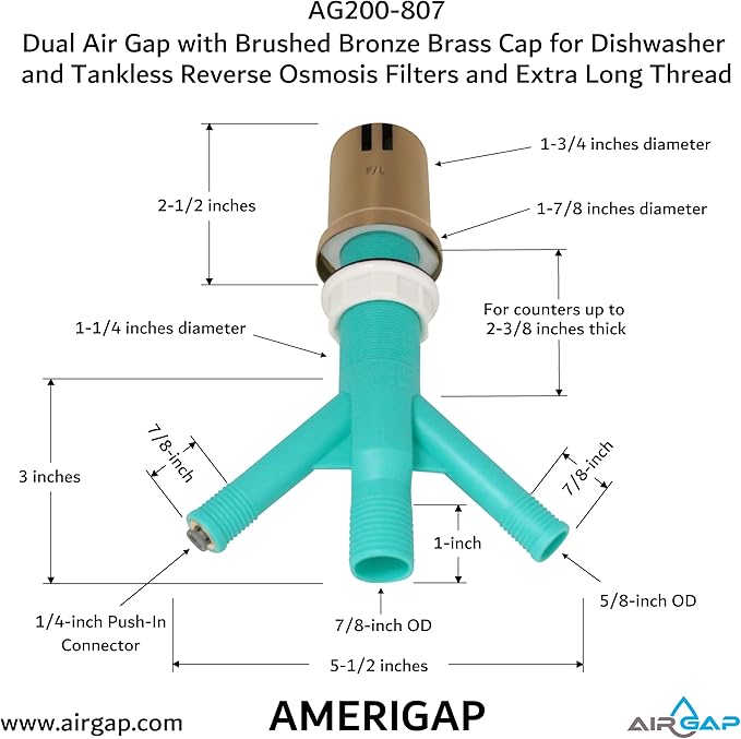 Dual Air Gap with Brushed Bronze Brass Cap for Dishwasher and Tankless Reverse Osmosis Filter and Extra Long Thread (AG200-807, AG200-X07, AMERIGAP)