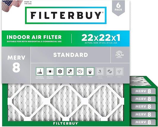 Filterbuy 22x22x1 Air Filter MERV 8 Essential Dust & Allergy Defense (6-Pack), Electrostatic Pleated HVAC AC Furnace Filters Replacement (Actual Size: 21.50 x 21.50 x 0.75)